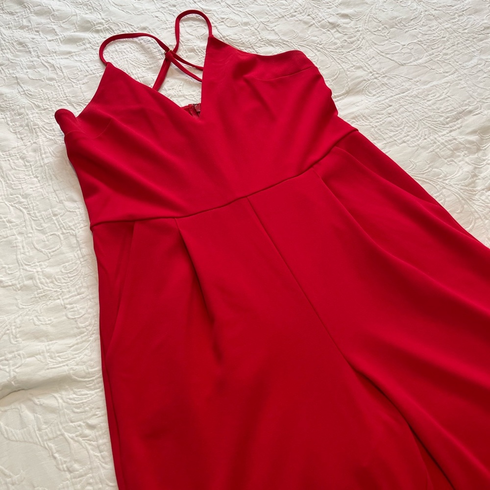 Express Deep V Red Jumpsuit - Picture 4 of 7